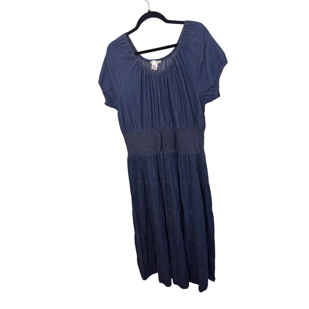K. Jordan Womens Denim Midi Dress 2X Blue Smocked Tiered Cotton Cottagecore Boho